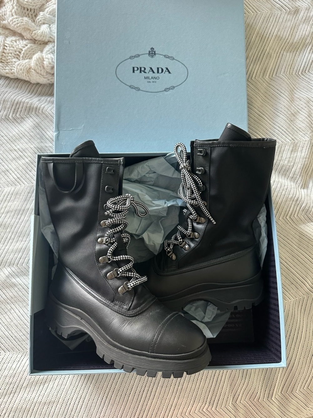 Prada Black Leather Lace-Up Lug-Sole Boots - Picture 1 of 5